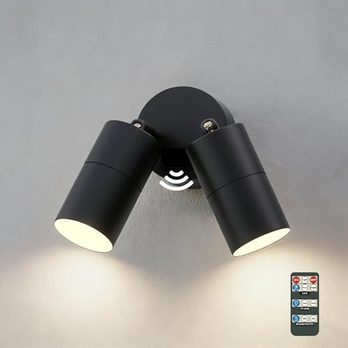 JNR Aplique de exterior de acero inoxidable con sensor de movimiento por radar ajustable y mando a distancia; lámpara de exterior LED IP54, 230 V incluye 2 * 5W 3000K bombillas GU10, Negro (Negro)