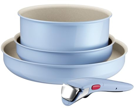 Lagostina Ingenio Pastel, Set di Padelle Antiaderenti 4 Pezzi con Manico Rimovibile, Compatibili con Induzione e Forno, Design Salvaspazio, Colore Brezza