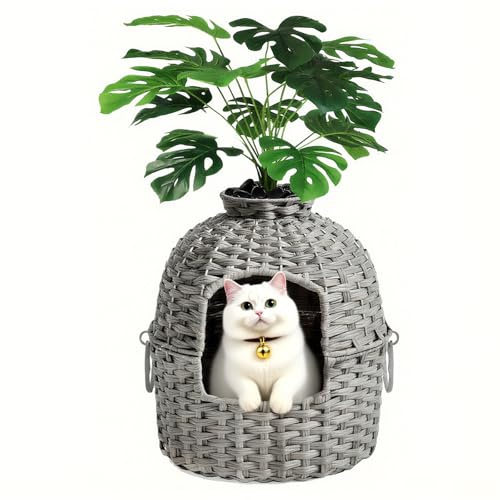 LEEJARD Katzenklo XXL – Versteckte Katzentoilette aus handgeflochtenem Rattan mit Pflanze, geräumig & stilvoll, ideal für große Katzen, wohnzimmertauglich – Grau