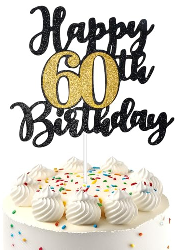 1 PCS 60th Birthday Cake Topper, Glitter Happy 60th Birthday Decorations Cheers to 60 Years Party Cake Pick Decoration for Happy 60 Anniversary Decorations Supplies Black Gold