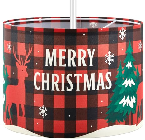 Weewooday Christmas Red Round Drum Lampshade E27 E14 Adapter for Pendant | Round Drum Design with Adapter Ring, Fits Pendant Table Lamps, Living Room Bedroom Hallway Decor, Modern Festive