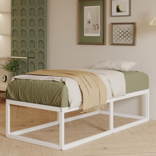 EMODA 46 cm Hohes Metallbett 75x190 cm, Stabiles Bettgestell mit Stahlgitterträger, Großes Stauraum unterm Bett, Geräuschfrei, Einfacher Aufbau, Weiß