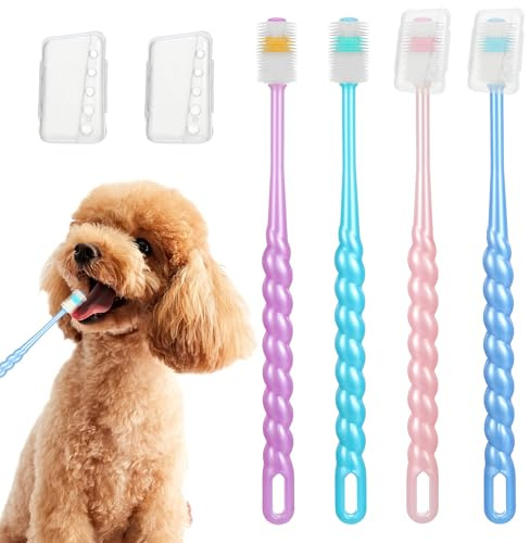 Rahhlizs 4 stycken katttandborste hund 360 graders rengöring silikon hundtandborste återanvändbara mjuka borst långt handtag katttandborste för katter (rosa, lila, blå, grön)