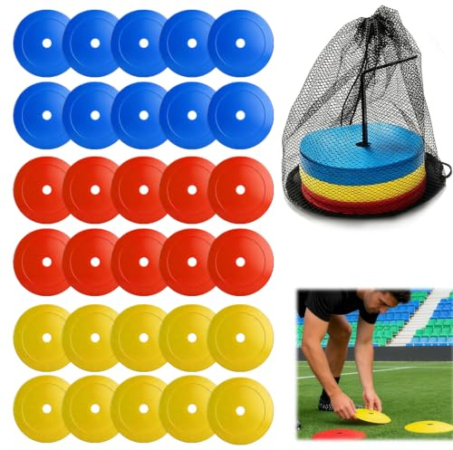 Msauifncp Set da 30 Cinesini con Supporto e Rete I Piatto Coni Allenamento per Uso Interno Esterno e Marcatura Campo I Cinesini per Allenamento Calcio per Allenamento Agilità Calcio