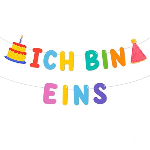 Catelves Ich Bin Eins Banner, 1. Geburtstag Girlande Bunt mit Torte & Partyhut, Geburtstagsdeko 1 Jahr für Junge Mädchen Baby, Wimpelkette für Fotowand, Kuchenbuffet, Hochstuhl, Party Deko Zuhause