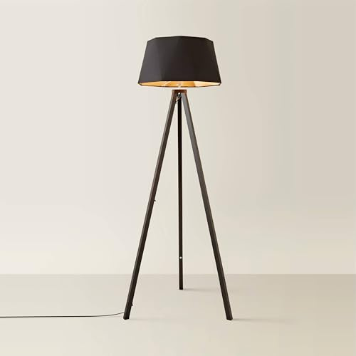 MiniSun | Modern Black Wood Tripod Design Floor Lamp with a Matt Black/Copper Geometric Shade | Floor Lamps & Home Improvements Essential