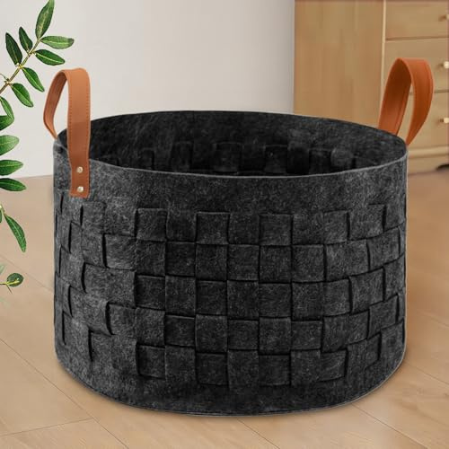 BOLDMONKEY Laundry Basket 20 x20  x11.8 , Large Round Blanket Basket with Leather Handle, Felt Storage Basket for Living Room, Nursery, Dog Toys-Dark Gray