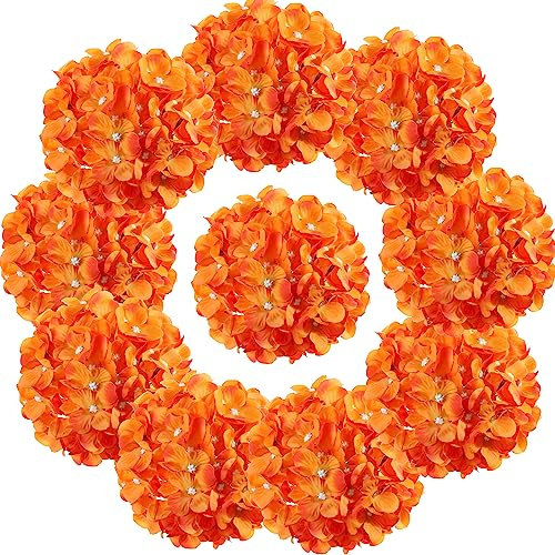 LUSHIDI Testine di ortensia in seta con steli, fiori artificiali, per decorazioni per la casa, matrimonio, confezione da 10 (arancione)