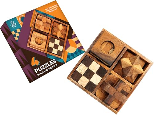 BSIRI Wooden Puzzle Box Set (4 Games) - Challenging Brain Teasers 3D Puzzles for Adults Interlocking Games for IQ Test Ideal for Rustic Patio Decor Unique Gift for Christmas and Birthdays