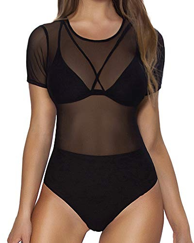 MANGOPOP Women's Mesh Bodysuit for Women Sheer Short Sleeve Crew Neck Bodysuits Sexy See Through Clubwear Shirt Tops, Short Sleeve Black, Small