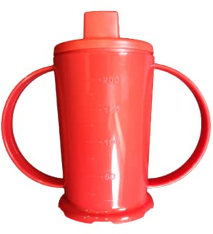 NuHorizons Healthcare Products Red Two Handled Graduated Beaker with Lid - 200ml Adult Feeder Cup - Drinking Aids (Narrow Spout, Pack of 1)