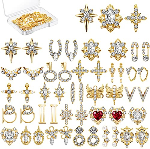 48 Stücke 3D Glänzenr Nagel Strass Luxus Nagelkunst Dekoration Diamanten Metall Schmuck Schönheit Design Charm Gold Herz Edelsteine Kristalle, 24 Stile