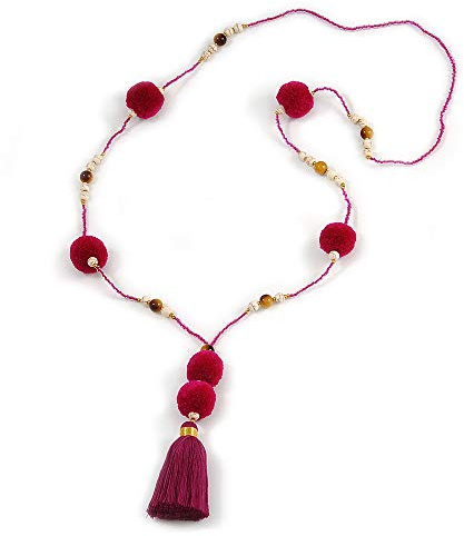 Avalaya Collana lunga fucsia/viola con perline di vetro con pompon e nappe, lunghezza 88 cm, nappa 10 cm