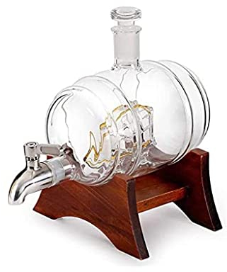 Decantador de vino Juego de decantadores de whisky de barril, decantador de cristal de 1000 ml / 35oz con tapón, botella de vino con grifo de acero y soporte de madera Aireador de Rojo Accesorios de V