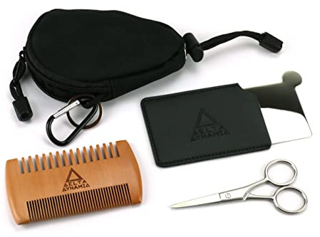 Compact Beard Grooming Kit - Travel Beard Care Set with Comb, Scissors & Stainless Steel Mirror, in a Pocket-sized Nylon Zip Pouch. UK-Made.