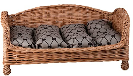 e-wicker24 Alles aus Weide Tierkorb Hundekorb Lager aus Weide für Hund Katze mit weichem Kissen Liegestuhl für Tiere Katzenlager Hundlager Hundebett Katzenbett (54x32 H25, Beige)