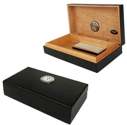 Angelo Humidor mit Hygrometer und Befeuchter - Zigarren-Humidor für die Aufbewahrung von Zigarren und Zigarillos - Hochwertig Schwarz Matt, Klein und transportabel, 19,8 x 10,9 x 4,3cm