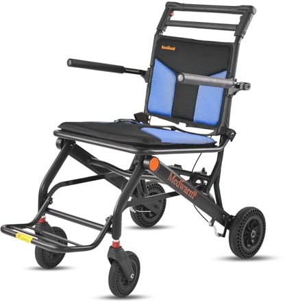 Medwarm Portable Aluminum Transport Wheelchair with Handbrake, 11 Rear Wheels, Ultralight Folding Travel Wheelchair for Adults, Black (Seat Width:18)