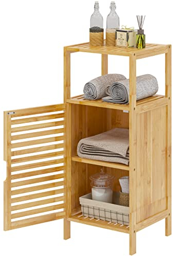 soges Bambus Beistellregal Badschrank Badezimmerschrank Beistellschrank Aufbewahrungsschrank mit Lamellentür und Regale Bambusschrank für Wohnzimmer, Badezimmer