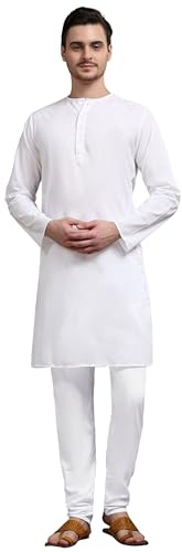 SKAVIJ Uomo Cotone Pigiama Kurta indiani Casual Outfit (Bianco, X-Large)