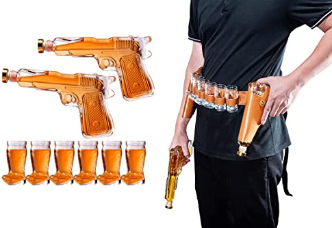 Pistol & Shotglasses Decanter Party Serving Holster Set - Whiskey Gun Decanter & Shot Glass - Pourers & Stopper - 2x 7.7oz Decanters - 6x 2oz Cowboy Boot Shots - Unique Gifts