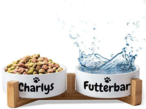 Keramik Doppelnapf mit Name oder Wunschtext für Hunde & Katzen - personalisiertes Napf-Set mit/ohne Ständer| Hundenapf Futternapf Fressnapf | große kleine Vierbeiner Futterstation (2x 1300ml, Gestell)