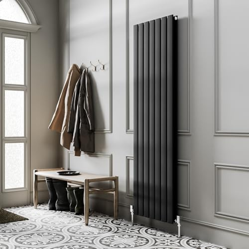 Go Bathrooms Pinta 1200 x 476mm Vertical Radiator Black Flat Panel Double Column Tall Upright Radiator Matt Black Wall Mounted Central Heating Includes Mounting Brackets