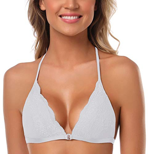 SHEKINI Womens Lace Bralette Front Fastening Backless Removable Pads | Front Fastening Triangle Bralette, Lace, Backless, Removable Pads, Wireless Soft Support. Adjustable Halter Straps