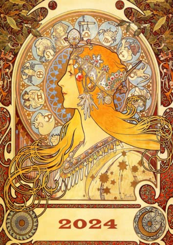 2024: Terminkalender mit Uhrzeiten 5 Uhr – 23 Uhr täglich | 1 Woche auf 2 Seiten mit Zeit | A4 Wochenplaner mit Zeiteinteilung | Kalenderbuch Planer ... Jahresplaner | Alfons Mucha Zodiac