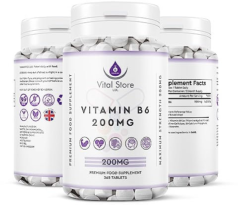 Vitamin B6 200 mg High Strength 365 Tablets Vegan Tablets 1 Year Supply – Gluten Free Supplements for Red Blood Cell Formation, Dietary Supplement for Your Immune and Nervous System