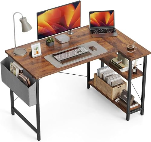 CubiCubi L Shaped Gaming Desk, 100x70 cm Computer Desk with Storage Bag, Office Desk Writing Table with Large Reversible Storage Shelves, Workstation for Study Play Work Home Office, Rustic Brown
