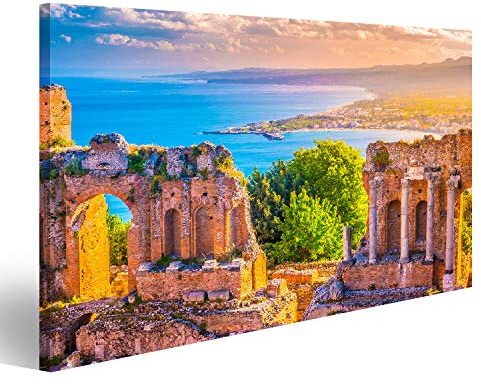 islandburner Prime Bild auf Leinwand Die Ruinen des Taormina Theaters bei Sonnenuntergang. Schönes Reisefoto, buntes Bild von Sizilien. Wan