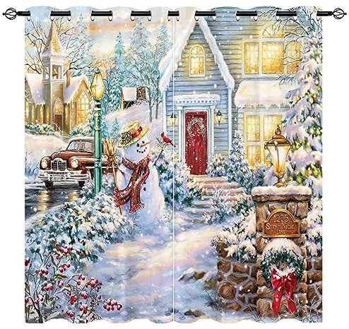 YUANZU Weihnachts Vorhänge 3D Glücklicher Schneemann Vogel Bauernhaus Ösen Gardinen mit Blickdichte Vorhang Blackout Curtain Wohnzimmer Schlafzimmer Verdunkelung Fenster, 2 Stück, H 160 x B 106 cm