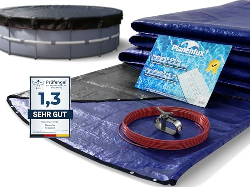 Planenfux® Poolabdeckung rund 366 cm (Für Ø 320-366 cm Becken) | 2-in-1 Abdeckplane Pool aus 200g/m² PE Material | Poolplane Solarplane Rundpool für Sommer & Winter | Ø 420 cm Schwimmbecken Abdeckung