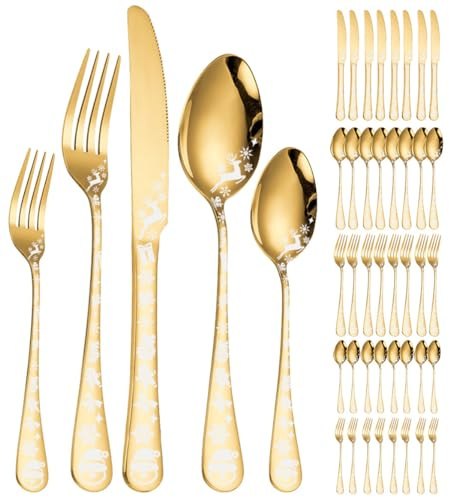 XIAOYU 40 pezzi Set di posate in stile natalizio per 8, set di posate in acciaio inossidabile, fiocchi di neve Disegno del modello dell'alce di Babbo Natale, utensili da tavola per la cucina