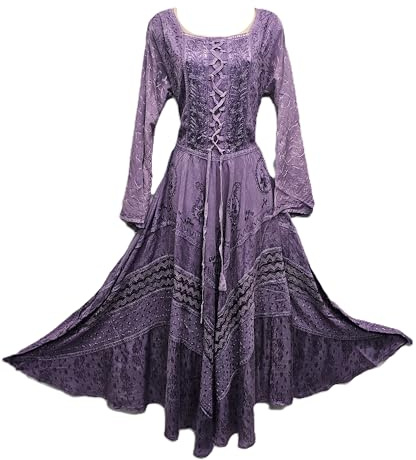 Doorwaytofashion Womens Maxi Dress Full Sleeve Lace up Medieval Embroidered Rayon Satin Full Flare