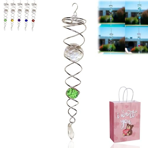 Metallic Wind Spirals, Gazing Ball Spiral Tail Wind Spinner Stabilizer, Decorative Spiral, Stress Ball Indoor Outdoor Decoration Stainless Steel Glass Ball with Hanging Swivel Hook 12 Inch (Green)