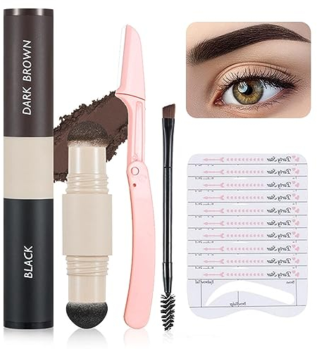 Augenbrauen Schablone Stempel Set, Zweifarbig Wasserdicht Augenbrauenpuder Bausatz, Lang Anhaltend Augenbrauenfarbe Multifunktional Augenbrauenstempel Set (01 schwarz & dunkelbraun)