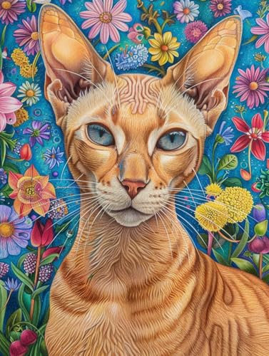 AMBATTERY Knüpfkissen Blumen Und Ägyptische Katze DIY Knüpfteppich-Sets，Häkelset Für Anfänger，Teppichherstellungs-Sets Mit Bedruckter Leinwand 31x63in
