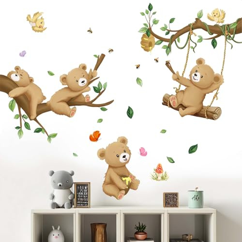 Amimagen Wandtattoos Woodland Bear Wandaufkleber - Baby Tier Baum Zweig Wandabziehbilder - Kinderzimmer Kinder Mädchen Jungen Zimmer Kindertagesstätte Spielzimmer Klassenzimmer Wanddeko