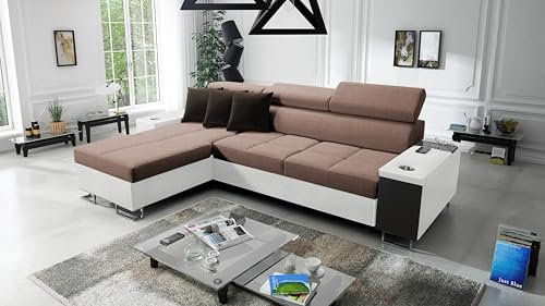 All4All Ecksofa mit Schlaffunktion Margo I Mini 272x170 cm - Schlafsofa mit Bettkasten - Sofa in L-Form - für 3 Personen - Seite Links - Gewebe mit Kunstleder - Braun/Weiß - Modern 26