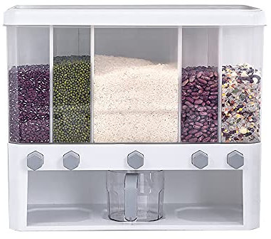 HUSPOO 5-Grid Müsli-dispenser, 10 l torrmatdispenser, 5 i 1 spannmålsdispenser, riskornsdispenser, Matförvaring, förvaringsbehållare, torrfoderbehållare för alla typer av små korniga korn