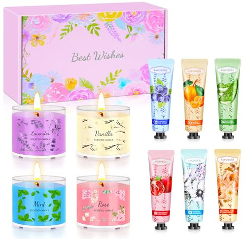 Coffret Cadeau Femme-Noël, Anniversaire, Fête Des Mères, Saint-Valentin, 4 Bougies Parfumées et 6 Crèmes pour les Mains ,Cadeau Femme Pour Maman, Sœurs, Amies