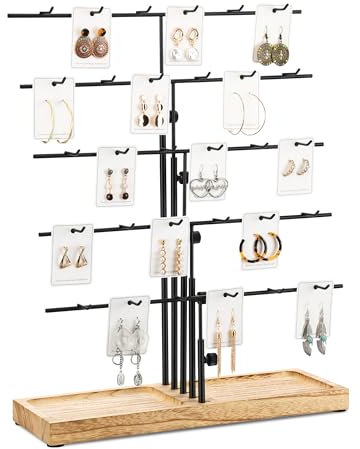 HULISEN Jewellery Stand for Vendors, Adjustable Height Earring Display Stands for Selling, Jewelry Display for Earring Card, Earring Rack Display Holder with Tray, 30 Hooks, Carbonized Brown