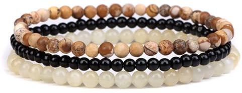 JENCVNL 3 Stück Naturstein Perlen Stretch Armband 4mm Echtes Naturstein Armbander Stretch 4mm Damen Edelstein Armband Echtes Edelstein Armbander Set für Frauen Männer Teens (Braun)