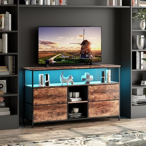 FOERPL Meuble TV LED, 108 cm Table TV,Meuble Tele avec LED Tiroir en Tissu,Table de Télévision Salon avec Rangement,Banc TV Meuble Bas Rangement pour Salon, Chambre (C 4tiroirs, 108cm)