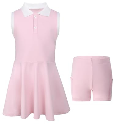Robe de Tennis pour Filles avec Poches Séparées pour Shorts Robe de Sport Golf sans Manches Tenue de Tennis Polo 5-6 Ans Rose