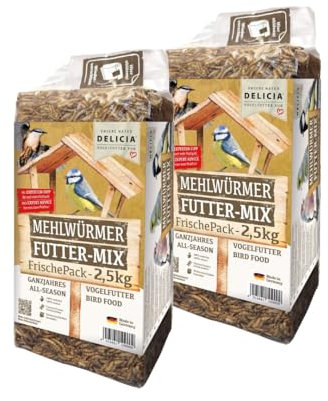 Delicia Mehlwürmer Futter Mix, Vogelfutter, Streufutter, Igelfutter, Reptilienfutter, Fischfutter, Hamsterfutter (2 x 2,5 kg)