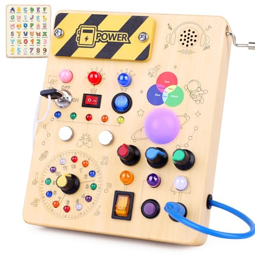Sumsoltic Busy Board Montessori Toddler Toys for 1 2 3 Year Old Sensory Wooden Toys with 12 Switches, 27 Lights and 1 Music Box Early Development & Activity Toys for 2 Year Old Boy Girls