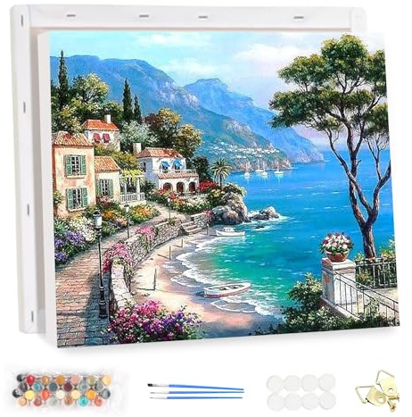 MEIYUDA Malen Nach Zahlen Erwachsene mit Rahmen Meerblick, DIY Set Erwachsene Landschaft Bastelset, 3 Pinsels Und Acrylfarbe DIY Handgemalt öLgemäLde Kit Als Geschenk und Home Haus Deko 40x30cm
